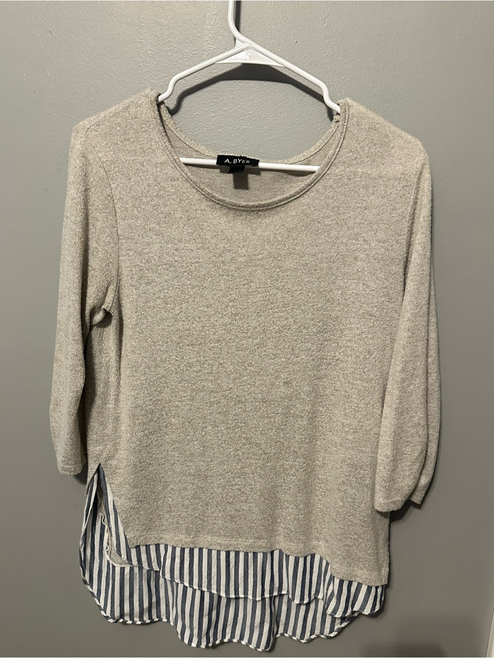 A. Byer Cream Layered-Look Crewneck Sweater with Blue Stripe Hem